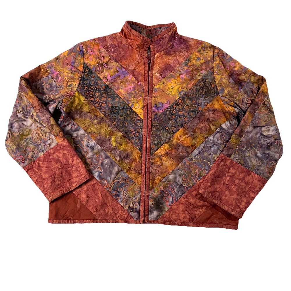 Quilted Mixed Media Full Zip Long Sleeve Jacket Women's M/L Boho Eclectic Hippie